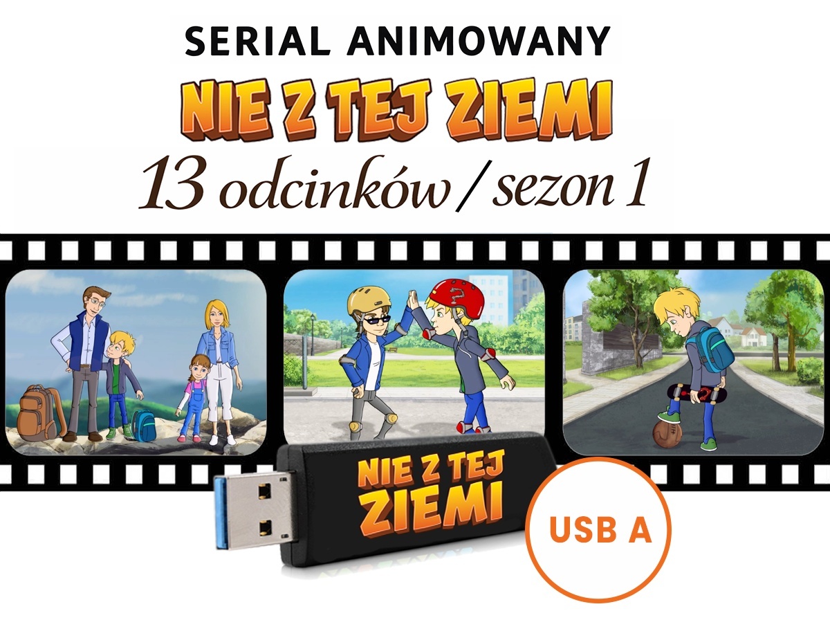 Okładka: Nie z Tej Ziemi, serial animowany, 13 odcinków, sezon 1, pendrive czarny USB-A Okładka: Nie z Tej Ziemi, serial animowany, 13 odcinków, sezon 1, pendrive czarny USB-A