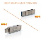 Srebrny pendrive Nie z Tej Ziemi pokazany z dwóch stron: złącze USB-A i złącze USB-C