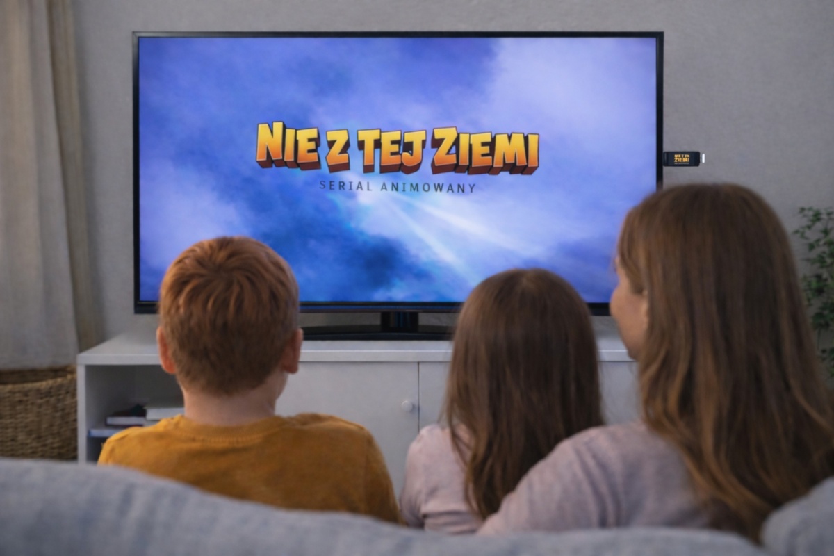 Mama z dwójką dzieci ogląda serial Nie z Tej Ziemi na telewizorze, pendrive wpięty do gniazda USB
